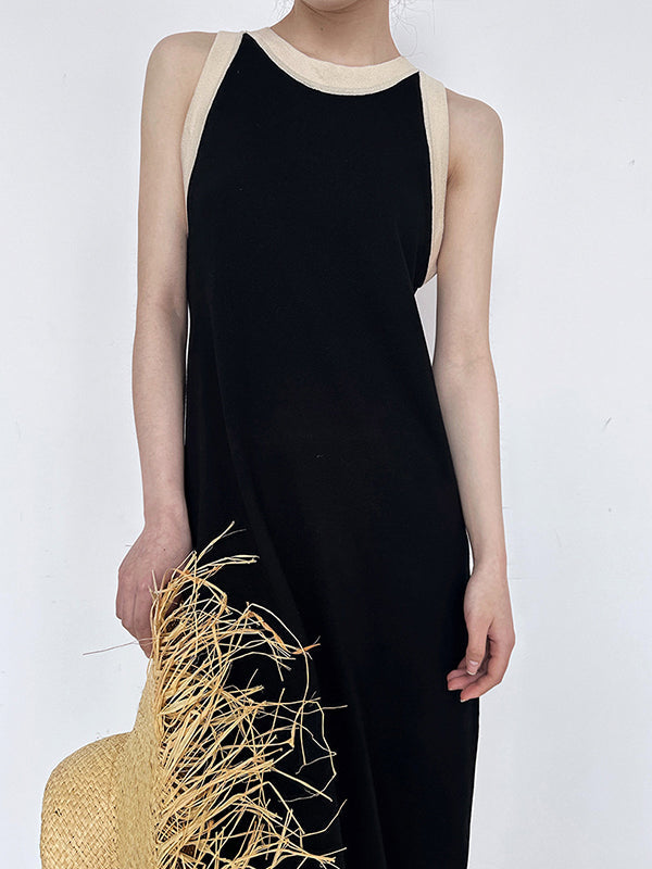 Contrast Color Loose Sleeveless Round-Neck Midi Dresses