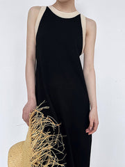 Contrast Color Loose Sleeveless Round-Neck Midi Dresses