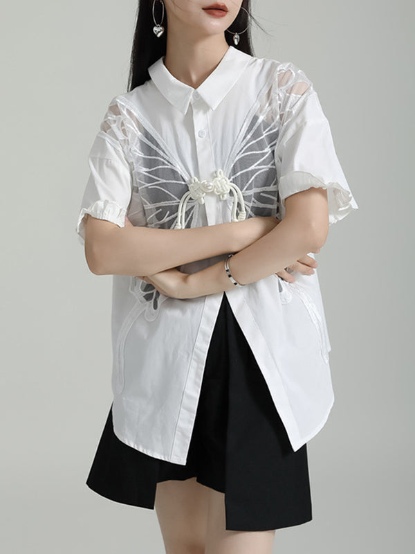 Buttoned Mesh Reversible See-Through Split-back Split-Joint Half Sleeves Loose Lapel Blouses&shirts Tops