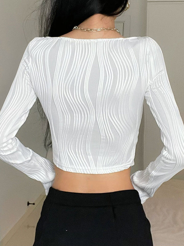 Pleated Solid Color Long Sleeves Skinny Square-Neck T-Shirts