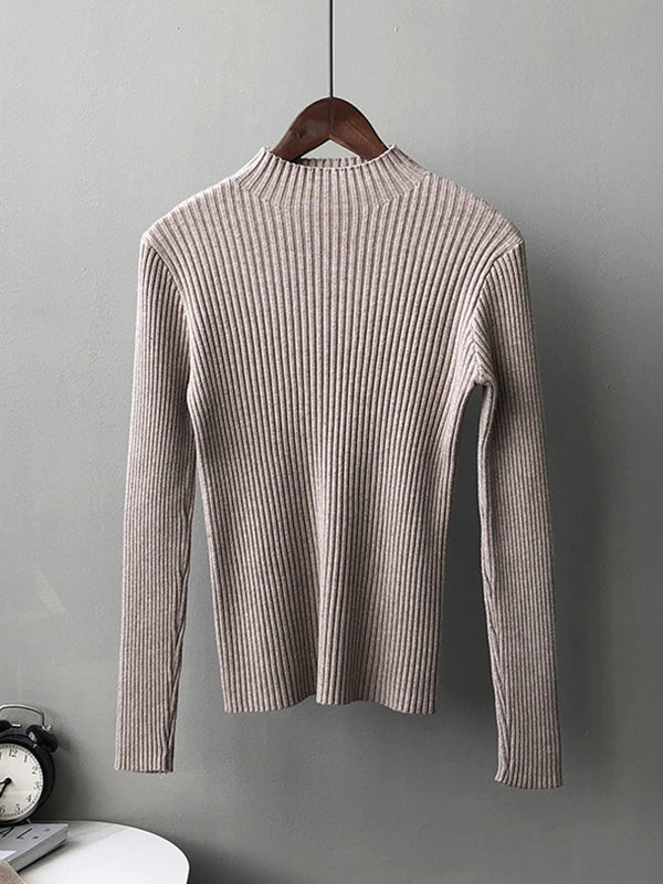 Simple Long Sleeves Skinny Leg Solid Color High-Neck Sweater Tops