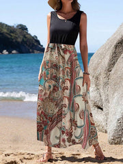 Printed Split-Joint A-Line Loose Round-Neck Maxi Dresses