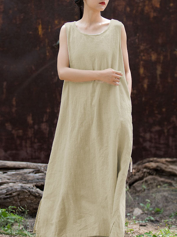 Drawstring Solid Color Split-Joint Tied Waist Loose Sleeveless Round-Neck Midi Dresses