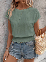 Elasticity Hollow Jacquard Solid Color Loose Raglan Sleeve Round-Neck T-Shirts Tops