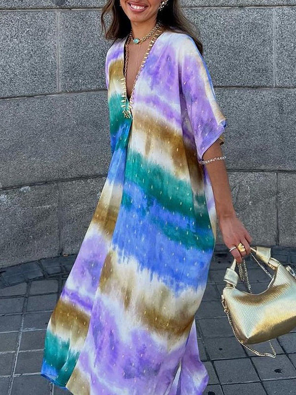 Printed Loose Raglan Sleeve V-neck Maxi Dresses