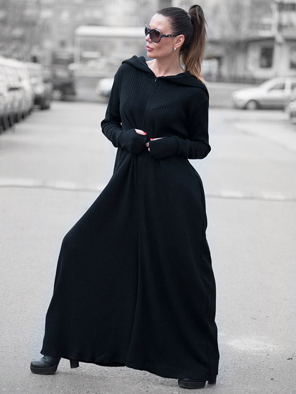 Knitting Black Zipper Hooded Wide Leg Jumpsuits