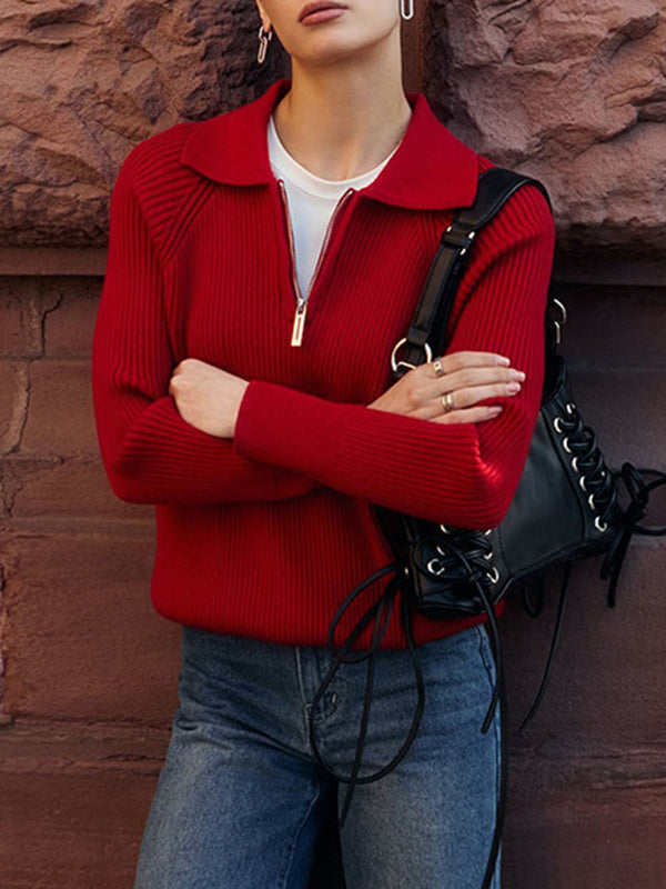 Solid Color Zipper Long Sleeves Loose Lapel Sweater Tops Pullovers