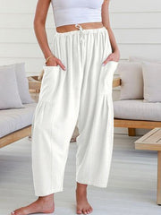 Column Loose Elasticity Pockets Solid Color Casual Pants Bottoms Trousers
