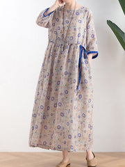Original Floral Round-Neck Elasticity Waist Midi Dress