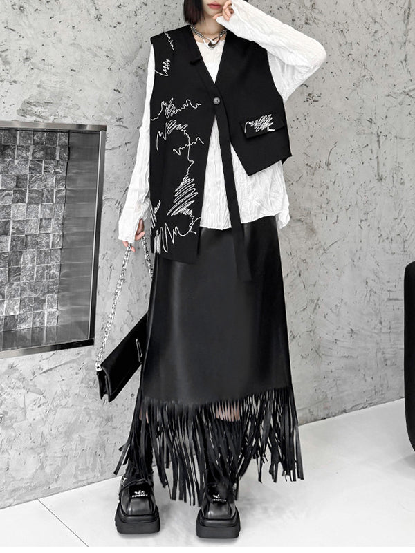 Asymmetric Buttoned Embroidered Sleeveless V-Neck Vest Top