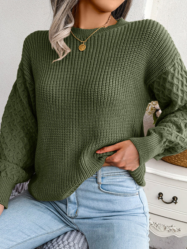 Cable Knit Solid Color Long Sleeves Loose Round-Neck Sweater Tops