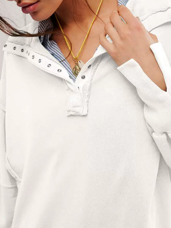 Buttoned Solid Color Split-Front Long Sleeves Loose Lapel Sweatshirt Tops