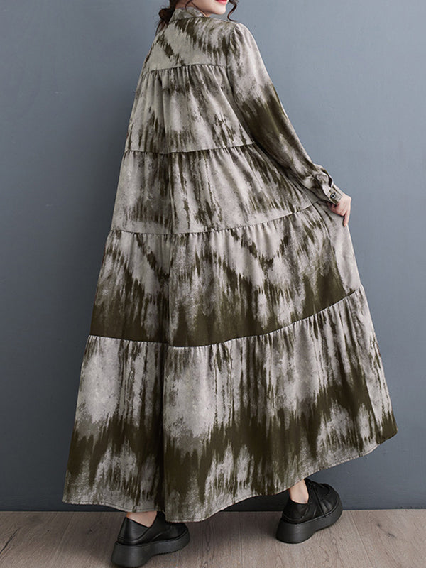 Pleated Split-Joint Tie-dyed Long Sleeves Loose Stand Collar Midi Dresses