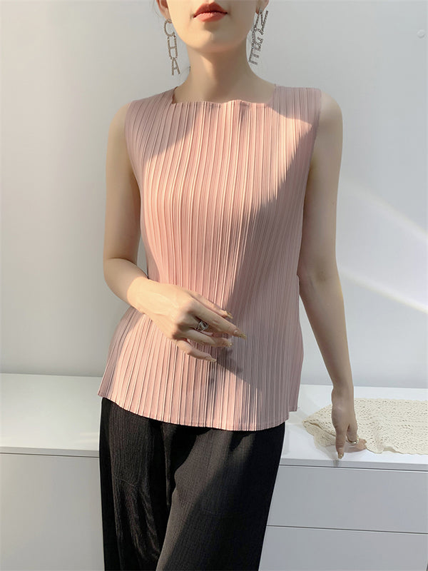 Pleated Solid Color Split-Joint Loose Sleeveless Square-Neck Vest Top