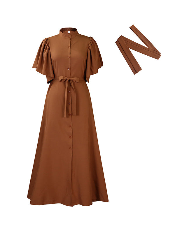 Pleated Solid Color Split-Joint Tied Waist Flared Sleeves Loose Stand Collar Shirt Dress Maxi Dresses