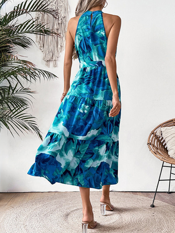 Hollow Pleated Printed Split-Joint Tied Waist Loose Sleeveless Round-Neck Midi Dresses