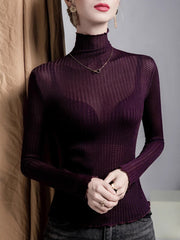 Mesh See-Through Slightly Sheer Split-Joint Long Sleeves Plus Size High Neck T-Shirts