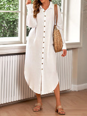 Casual Long Sleeves Solid Color Lapel Collar Midi Dresses