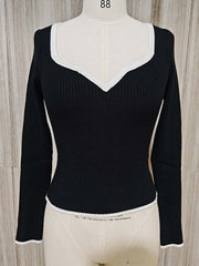 Pleated Split-Joint Long Sleeves Skinny V-Neck Sweater Tops