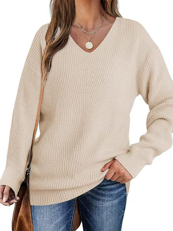 Solid Color Long Sleeves Loose V-Neck Sweater Tops Pullovers