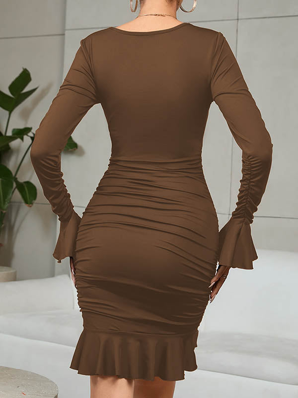 Pleated Ruffled Solid Color Split-Joint Bodycon Elasticated Waist V-Neck Midi Dresses