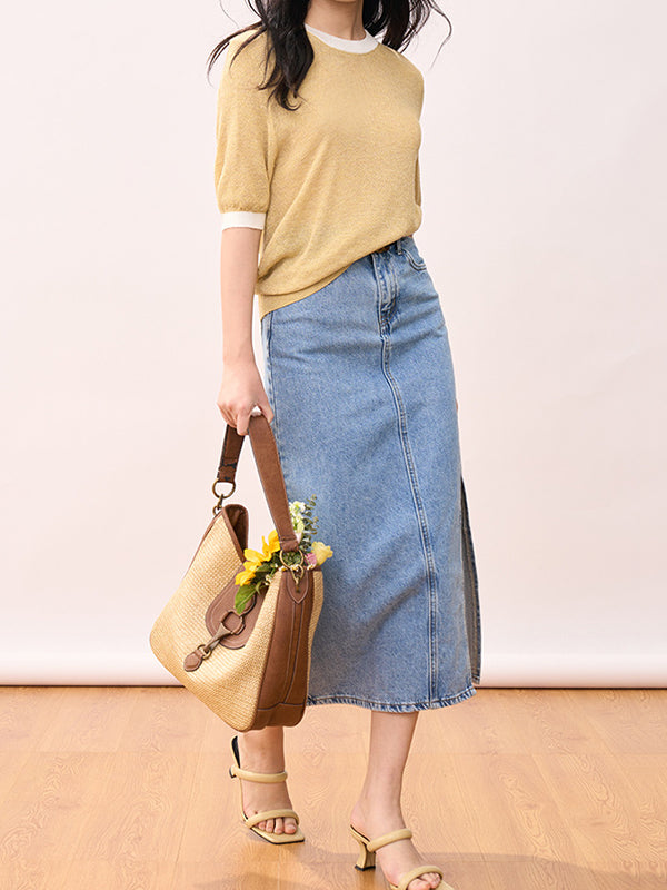 Contrast Color Loose Short Sleeves Round-Neck T-Shirts