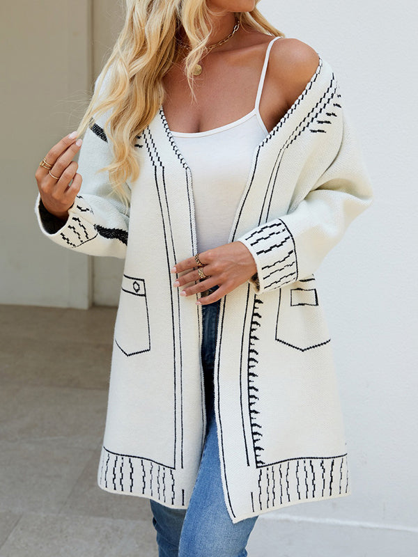 Jacquard Split-Joint Long Sleeves Loose V-Neck Cardigan Tops