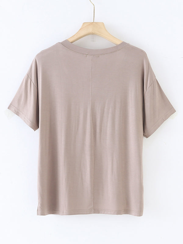 Solid Color Split-Joint Loose Short Sleeves V-neck T-Shirts Tops