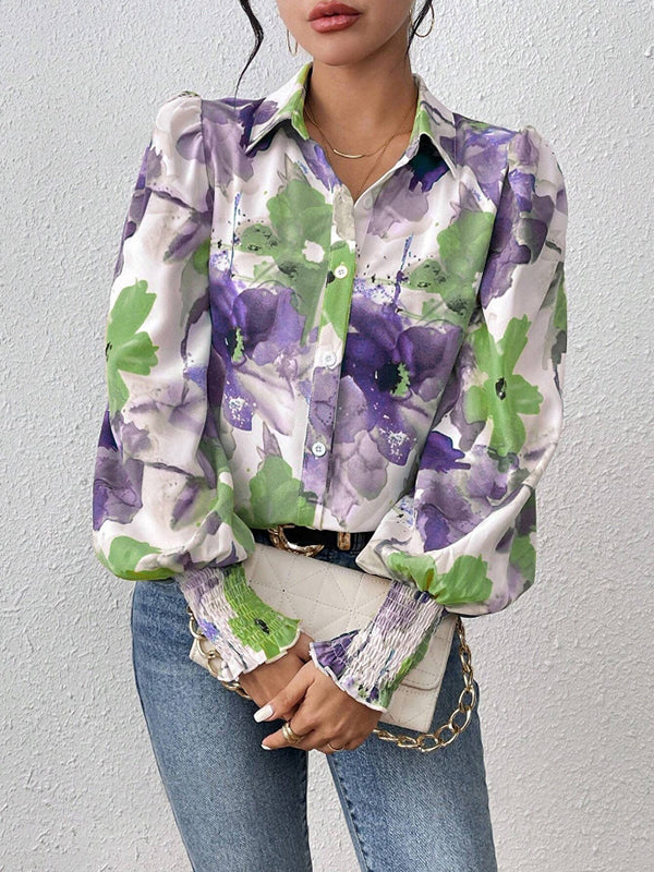 Buttoned Elasticity Flower Print Pleated Long Sleeves Loose Lapel Blouses&Shirts Tops