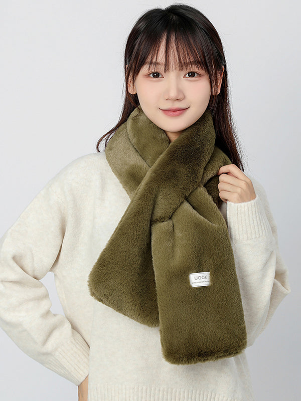 Casual Faux Fur Keep Warm Solid Color Cross Plush Shawl&Scarf