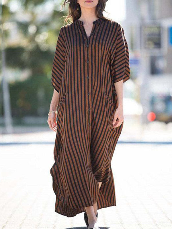 Buttoned Pockets Striped Batwing Sleeves Half Sleeves Round-Neck Maxi Dresses Beach Cover-Up