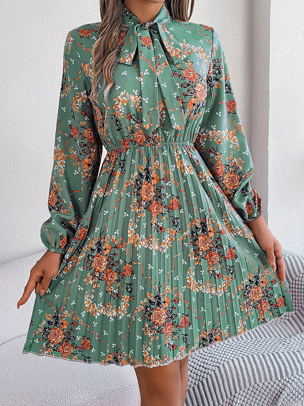 Elasticity Flower Print Pleated Tied Long Sleeves Loose Round-Neck Mini Dresses