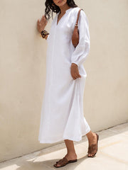 Pleated Solid Color Split-Joint Split-side Long Sleeves Loose Round-neck Shirt Dress Midi Dresses