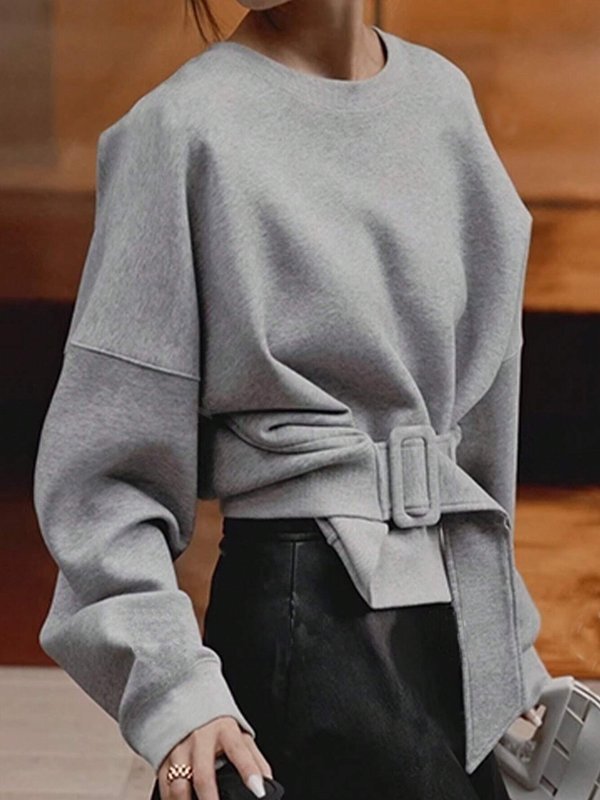 Belt Buckle Solid Color Long Sleeves Loose Round-Neck Sweatshirt Tops