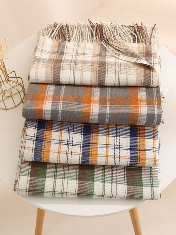 Original Creation Contrast Color Plaid Tasseled Shawl&Scarf