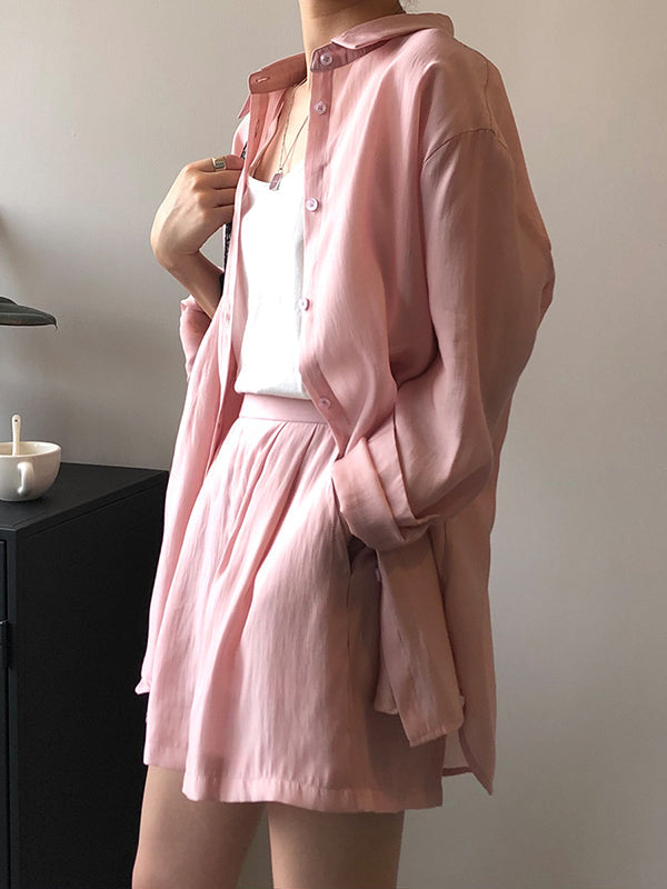 Loose Solid Color Long Sleeves Blouse + Pleated Shorts Two Pieces Set