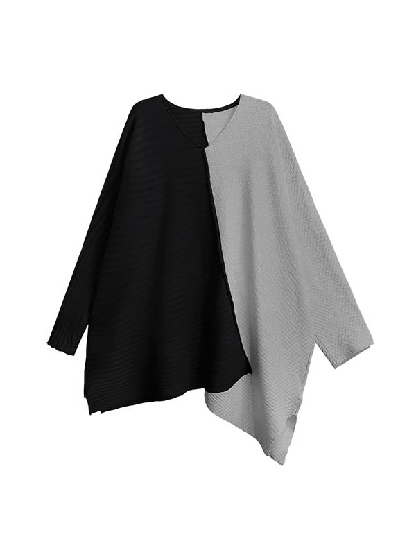 Asymmetric Contrast Color Split-Joint Textured Batwing Sleeves Irregularity V-Neck Sweater Tops