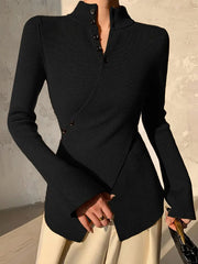 Asymmetric Split-front Split-Joint Long Sleeves V-neck Sweater Tops