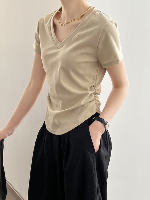 Solid Color Irregular clipping Short Sleeves V-neck T-Shirts Tops