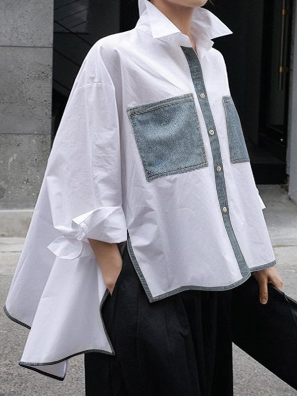 Buttoned Contrast Color Pockets Split-Side A-Line High-Low Stand Collar Blouses&Shirts Tops