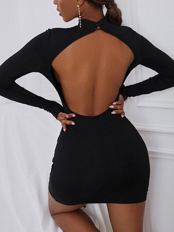 Asymmetric Backless Drawstring Solid Color Tied Long Sleeves Skinny High Neck Mini Dresses