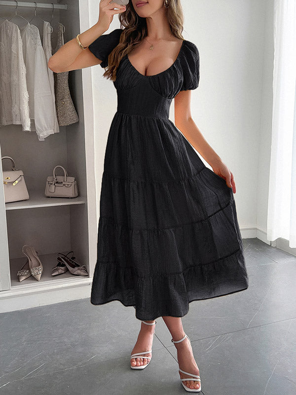 Backless Pleated Solid Color Tied A-Line Loose V-Neck Midi Dresses