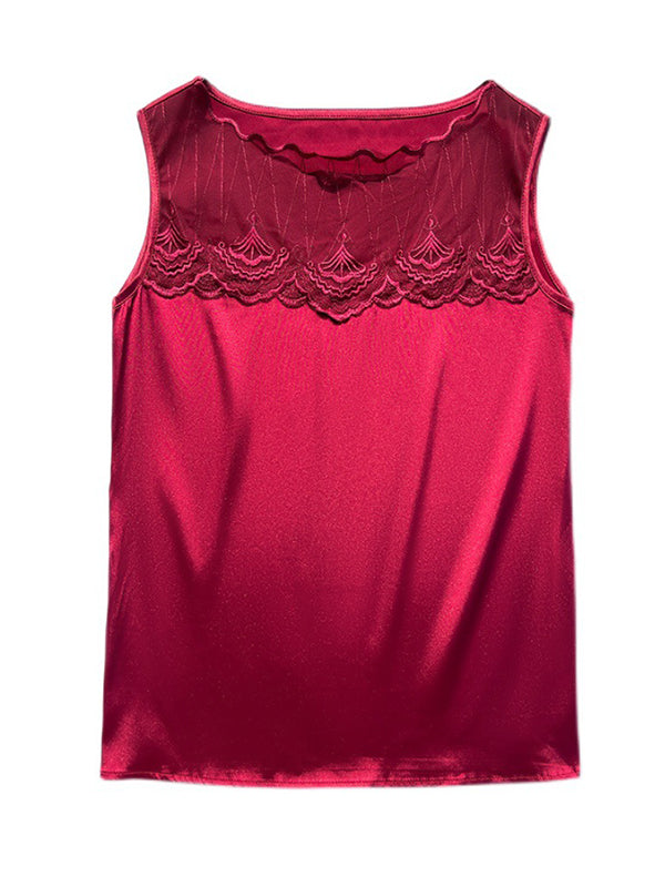 Lacy Solid Color Split-Joint Loose Sleeveless Round-neck Vest Top
