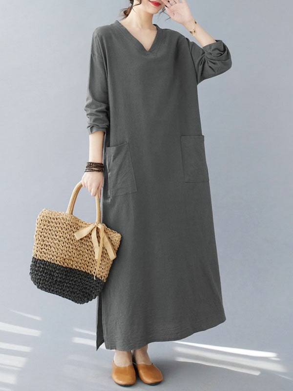 Pockets Solid Color Split-Side A-Line Long Sleeves V-Neck Maxi Dresses