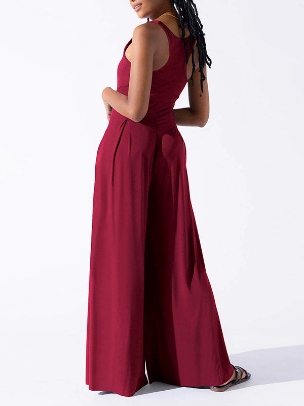 Pleated Solid Color Loose Sleeveless Spaghetti-Neck Jumpsuits