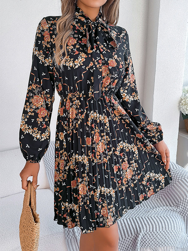 Elasticity Flower Print Pleated Tied Long Sleeves Loose Round-Neck Mini Dresses