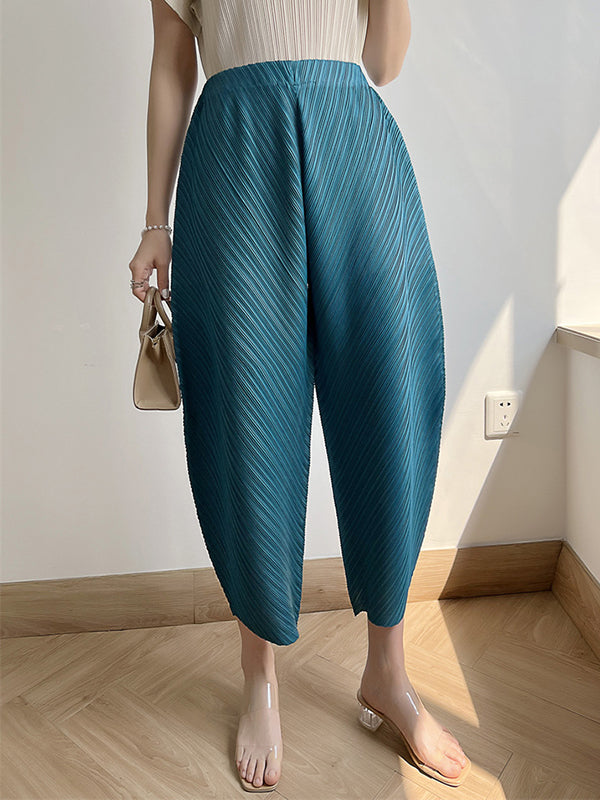 Elasticity Pleated Solid Color Split-Joint Harem Pants High Waisted Trousers Pants Ninth Pants