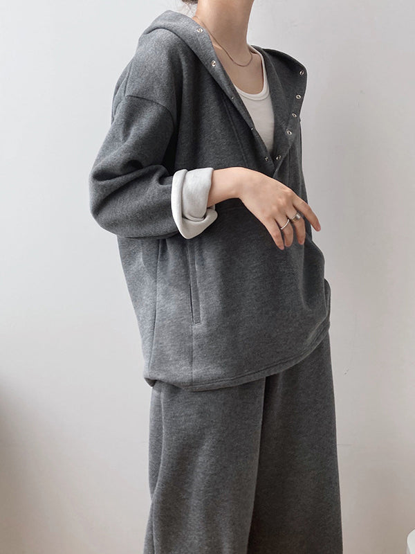 Loose Long Sleeves Split-Joint Hoodies + Elasticity Solid Color Pants Trousers Two Pieces Set