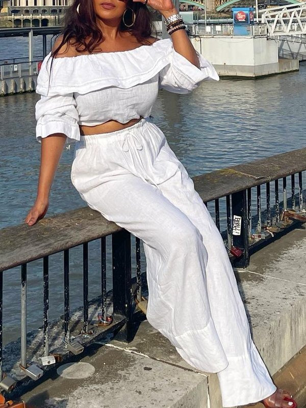 Elasticity Solid Color Split-Joint Half Sleeves Loose Off-The-Shoulder Blouses&Shirts Tops