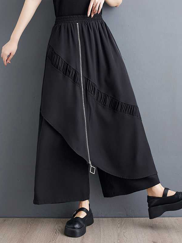 Elasticity Pleated Pockets Split-Joint Zipper High Waisted Loose Pants Culotte
